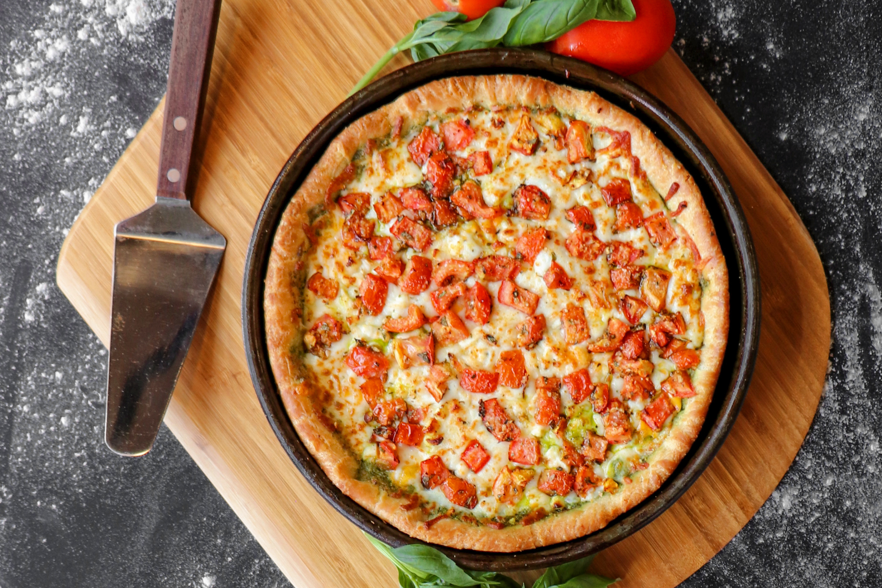 FOUR CHEESE & PESTO DEEP DISH PIZZA