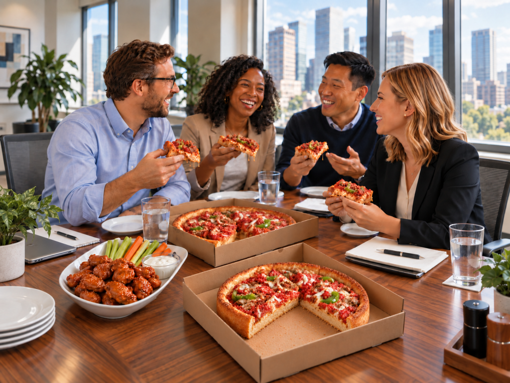 Business meeting break with UNOs pizza and wings.
