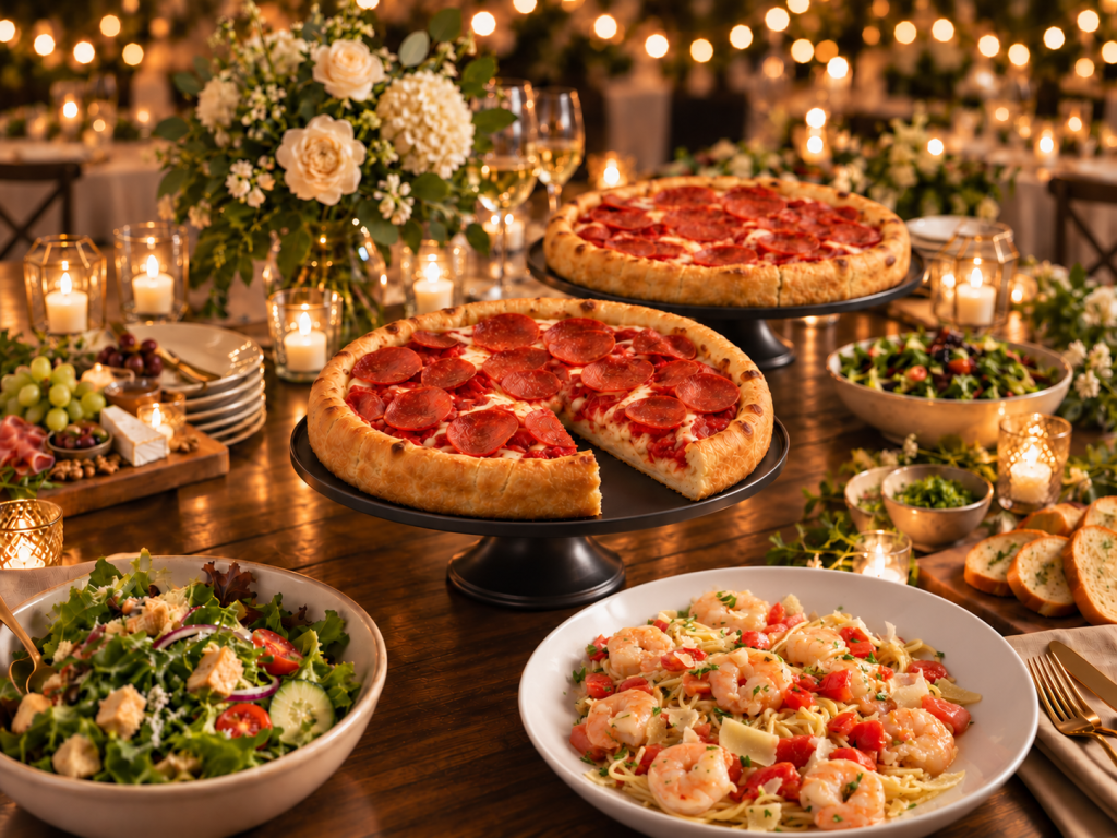 UNO pizza in a spread of food celebrating a special occasion.