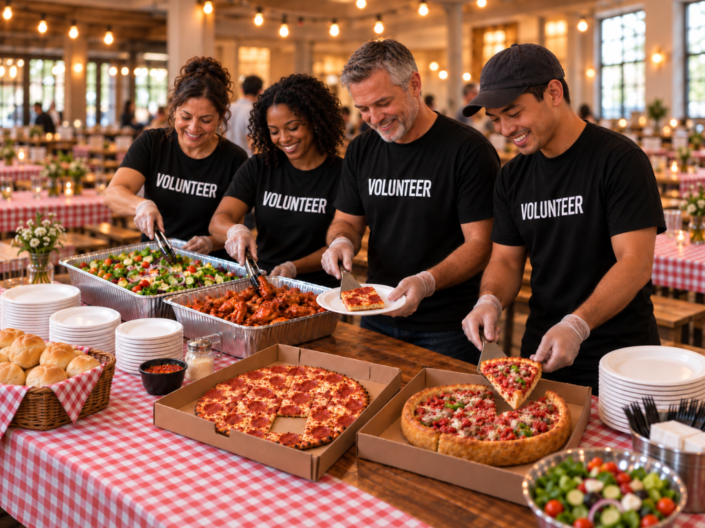 Volunteers helping the community by giving out catering from UNOs