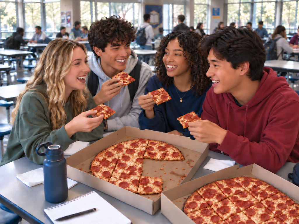 Teenagers in a school cafeteria eating UNOs pizza.